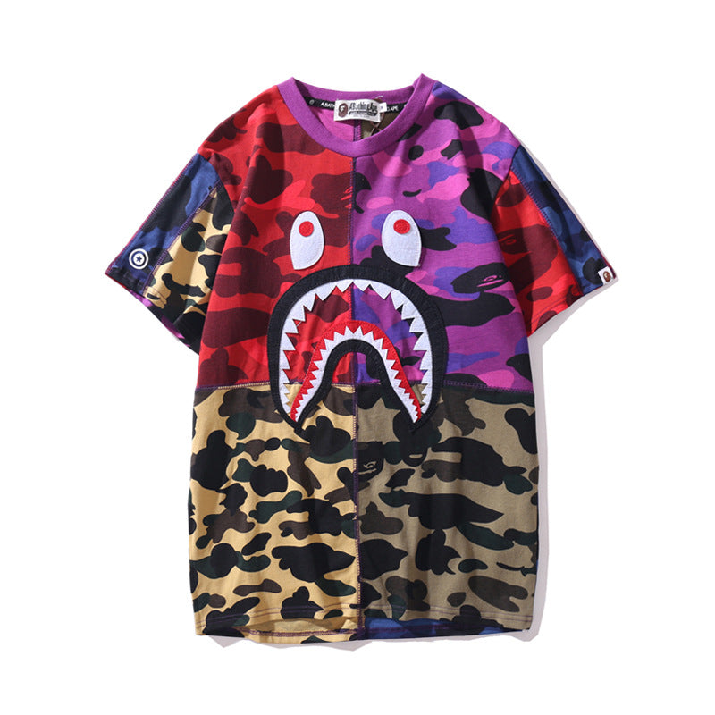 Bape Bearbrick T-Shirt Summer Shark Camouflage Patchwork Stitching T-Shirt
