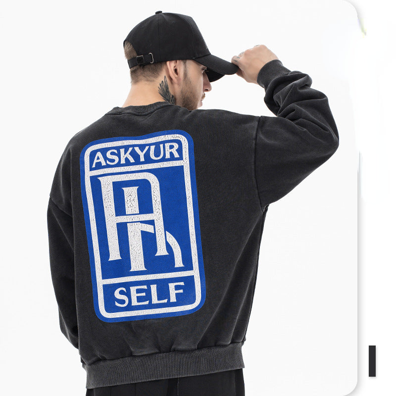 Askyurself Hoodie Men's Distressed Retro Crew Neck Sweater