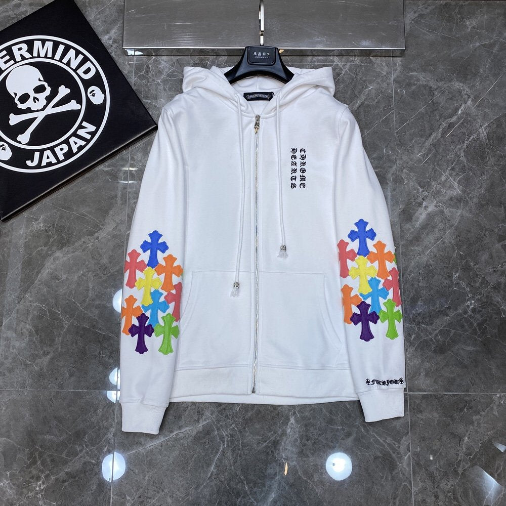 Chrome Heart Hoodie Crowe Double Arm Embroidered Colored Cross Group Leather Zip Sweater