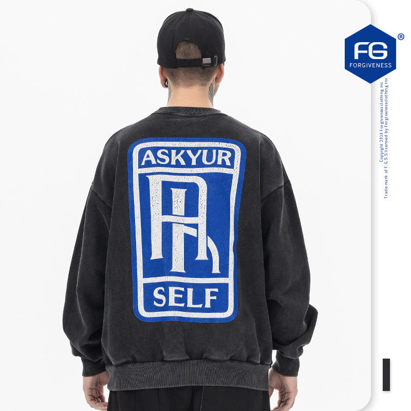 Askyurself Hoodie Men's Distressed Retro Crew Neck Sweater