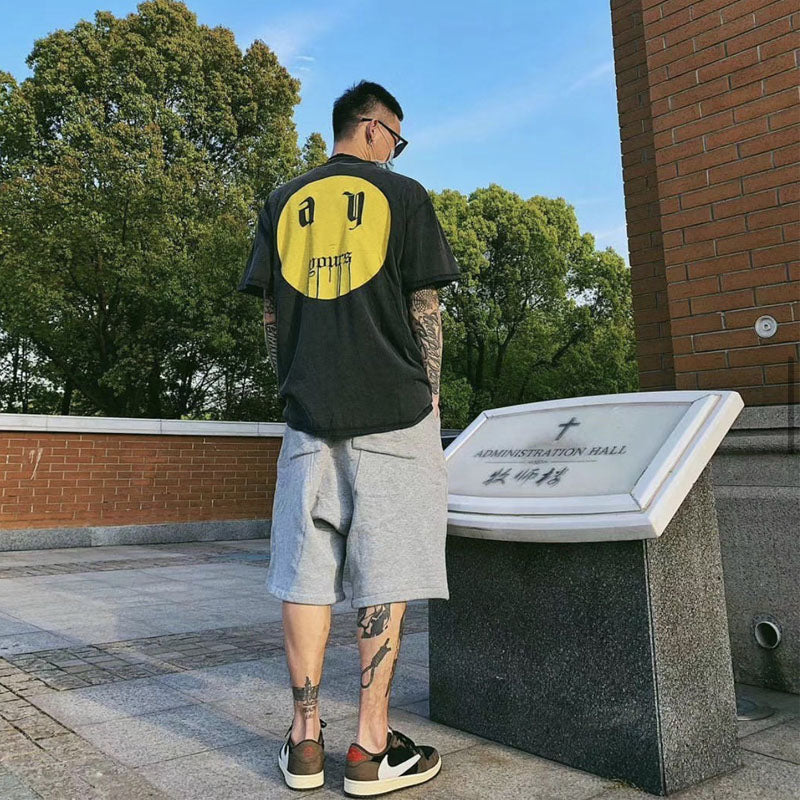 Askyurself T-shirts Sanskrit Letter Smiley Face Printing Loose Couple VTG